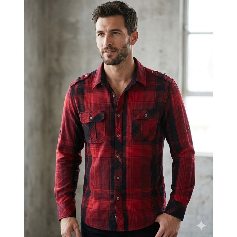 Rock & Republic Shirt Men XL Red Black Plaid Button Down Long Sleeve Edgy Punk